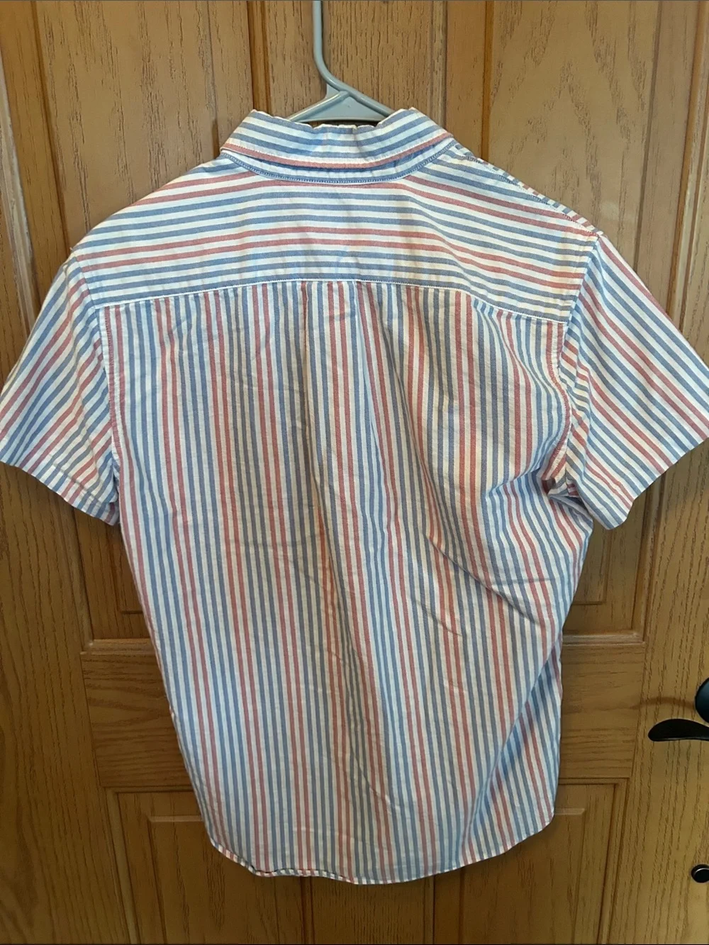 J. Crew Short-Sleeve Button-Down Shirt in Blue, Red & White Stripe